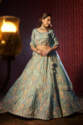 Emerald Green Organza Bridal Lehenga with Swarovski Crystal & Floral Embroidery
